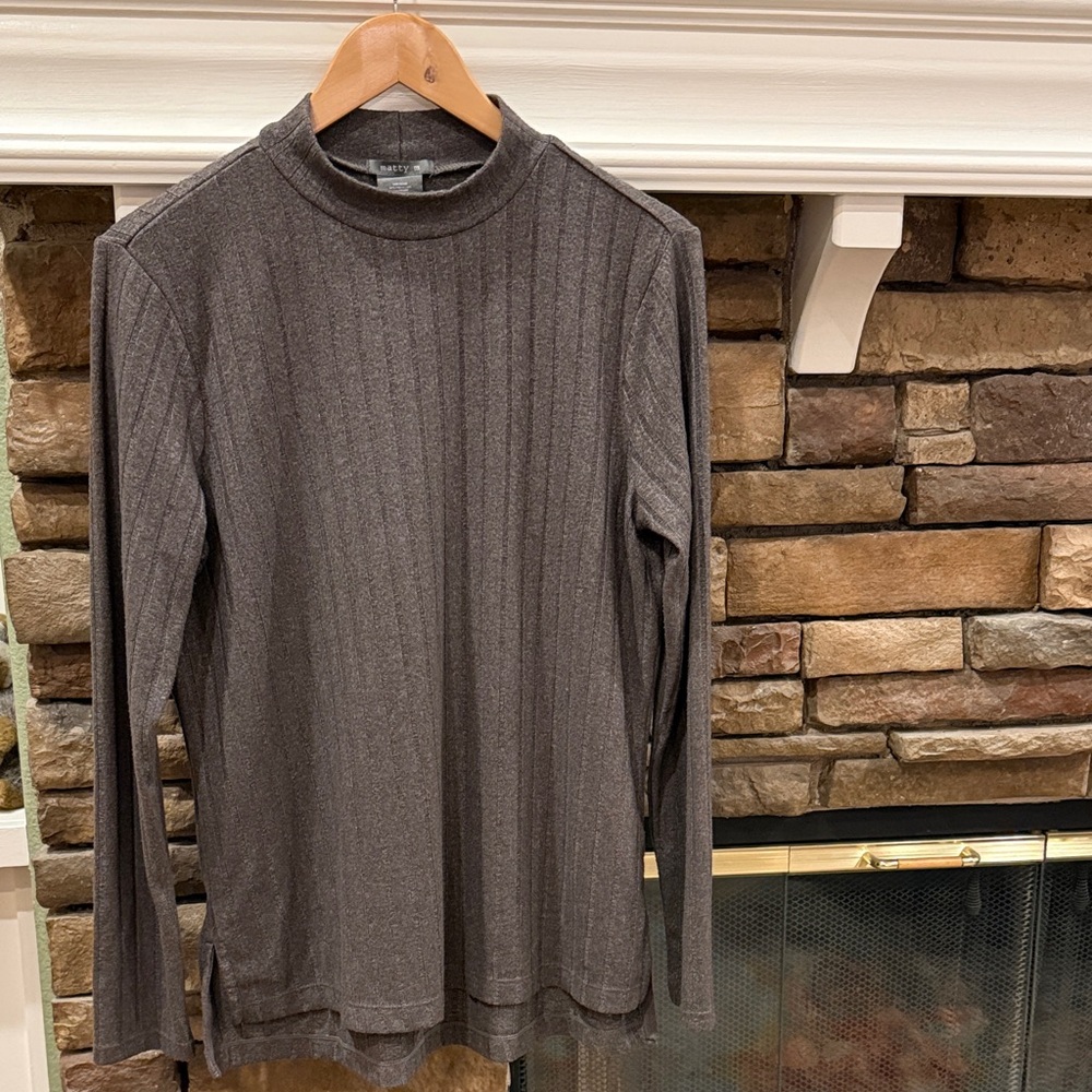 Matty M Heathered Brown Mock Neck Ribbed Tunic Sweater, Medium, Hi/Lo Hem